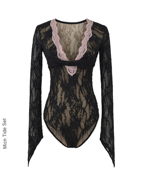 纯欲扭结设计蕾丝拼接V领打底衫性感连体衣纯欲内搭修身长袖T恤女