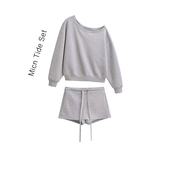 子 露肩一字肩卫衣半身短裙直筒裤 MianCun斜肩卫衣休闲套装 女长袖