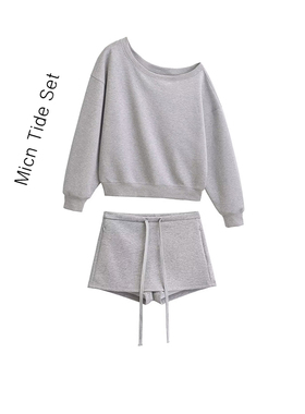 MianCun斜肩卫衣休闲套装女长袖露肩一字肩卫衣半身短裙直筒裤子