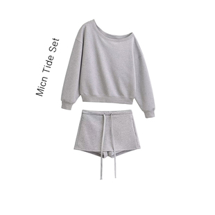 子 露肩一字肩卫衣半身短裙直筒裤 MianCun斜肩卫衣休闲套装 女长袖