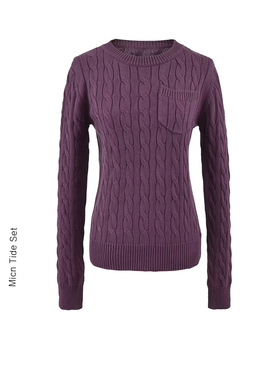 MICN慵懒高级感紫色口袋圆领修身针织衫女秋季新款长袖套头毛衣