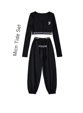 黑色松紧腰套装女辣妹小众跳舞运动T恤上衣设计感jazz潮运动裤