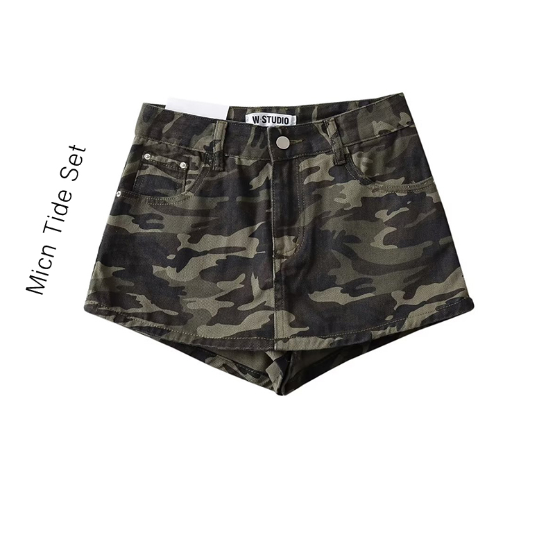 简约假两件包臀百搭牛仔短裤女夏季新款迷彩军绿色性感紧身短裙