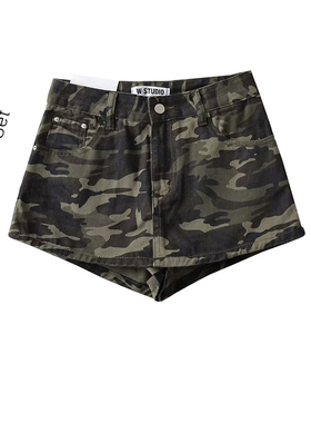 简约假两件包臀百搭牛仔短裤女夏季新款迷彩军绿色性感紧身短裙