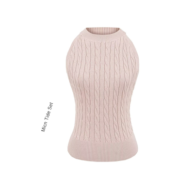 复古露背麻花薄针织短款挂脖上衣