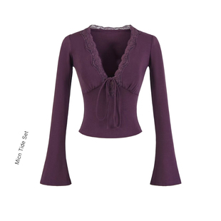 显瘦大v领上衣 t恤女修身 MICN早春纯欲风蕾丝边系带软糯长袖