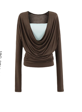 BM MICN柔滑天丝针织荡领抹胸撞色假两件T恤女褶皱收腰蝙蝠衫上衣