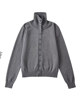 高级感立领毛衣复古灰色高领半开襟打底毛衣女显瘦单排扣针织毛衫