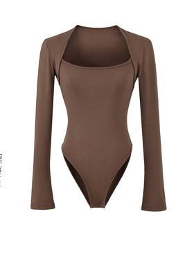 BM MICN辣妹斩男深棕方领长袖上衣女紧身显瘦腰侧镂空内搭连体衣