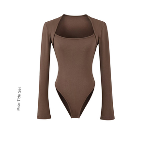 上衣女紧身显瘦腰侧镂空内搭连体衣 MICN辣妹斩男深棕方领长袖