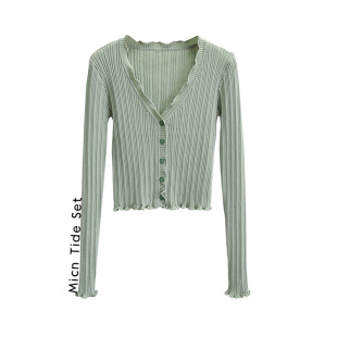 女薄款 披肩春秋外搭开衫 短款 冰丝长袖 美式 防晒衫 复古木耳边针织衫