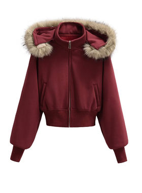 美式复古红色连帽毛领短款卫衣外套女冬季加绒收腰显瘦百搭上衣