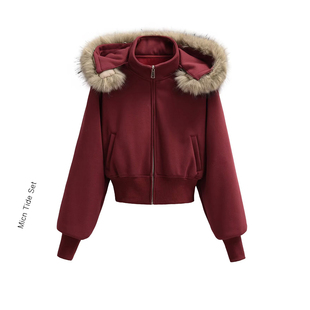 美式复古红色连帽毛领短款卫衣外套女冬季加绒收腰显瘦百搭上衣