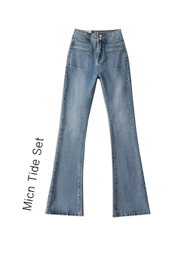 超模腿复古深蓝色高腰显瘦修身弹力微喇叭裤辣妹牛仔裤女拖地长裤