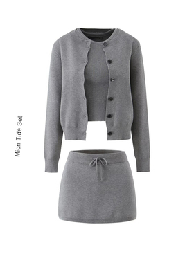 高知老钱风背心针织开衫女氛围感穿搭灰色短裙女毛衣外套三件套