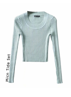 Micn~四色低领弹力螺纹针织上衣女春装百搭修身显瘦U领打底毛衣