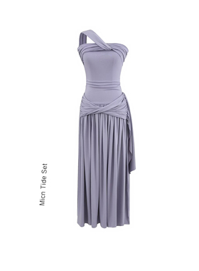 沙漠穿搭紫色收腰抹胸长裙性感一字露肩裙子女挂脖吊带单肩连衣裙