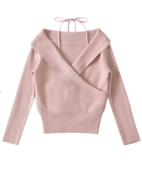纯欲风粉色挂脖露肩毛衣女冬季新款温柔风甜美修身内搭针织衫上衣