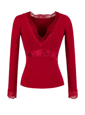 BM MICN纯欲性感蕾丝拼接低胸深V领T恤女红色修身针织打底衫上衣