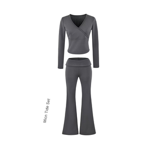 套装 T恤上衣女微喇休闲长裤 MICN墨尔本灰度莱赛尔磨毛V领修身