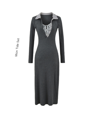 细腰陷阱polo领蕾丝假两件修身针织连衣裙女显瘦修身内搭打底长裙