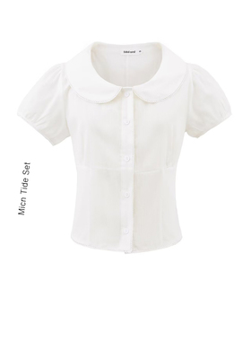 BM MICN法式学院风白色娃娃领短袖衬衫女夏泡泡袖收腰系带上衣