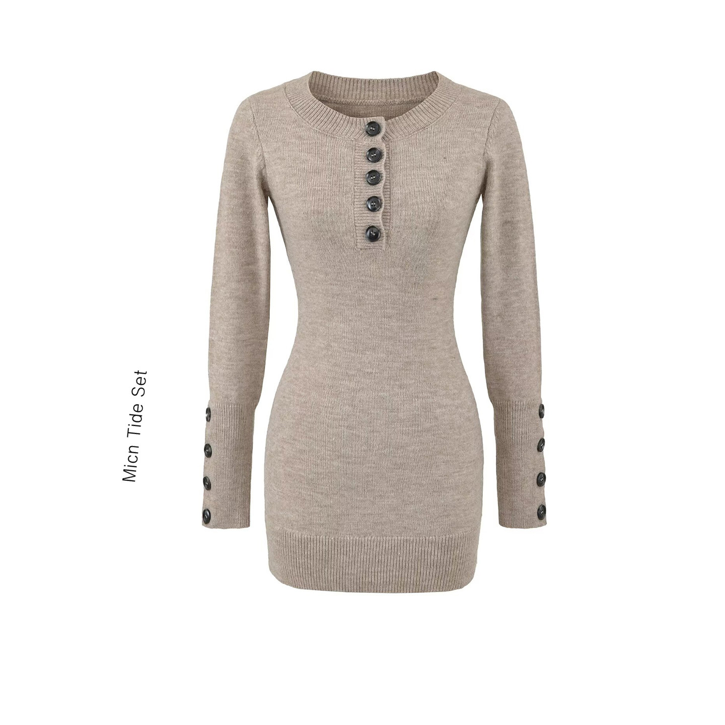 性感V领纽扣长袖针织连衣裙女