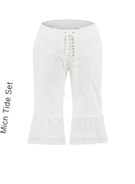  甜梦序曲白色蕾丝花边休闲裤女辣妹修身绑带腰头设计打底五分裤