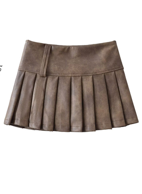 BM MICN美式西部辣妹擦色皮质做旧短款半身裙女显瘦百褶a字短裙女
