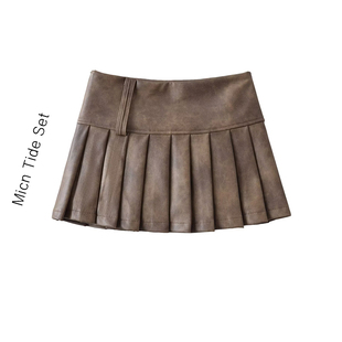 半身裙女显瘦百褶a字短裙女 西部辣妹擦色皮质做旧短款 MICN美式
