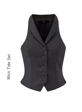 城市嫩钱无袖短款西装马甲背心女夏季外穿露肩设计感修身翻领上衣