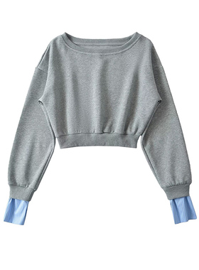 MICN斜领露肩灰色假两件卫衣女设计感袖口拼接小个子宽松短款上衣