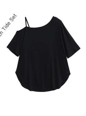 爵士街舞宽松显瘦罩衫上衣女气质慵懒露肩不规则斜肩设计短袖T恤