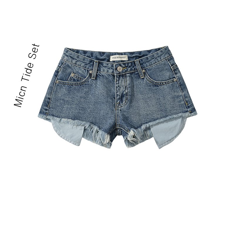 磨破不规则流苏做旧牛仔短裤