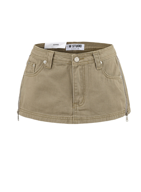 MICN高级感小众卡其色超短裤裙女侧边拉链立体压皱工艺牛仔半身裙