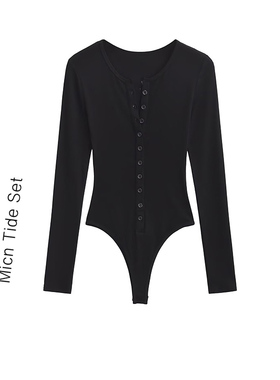 赵昭仪同款亨利V领修身长袖连体衣欧美辣妹长款连档T恤女连身上衣