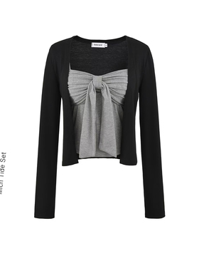 韩系高级感黑色修身针织外套女早秋新款开衫配抹胸吊带上衣套装