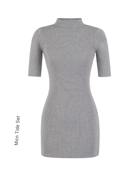 MianCun御姐性感包臀短袖连衣裙女半高领毛织显瘦紧身半袖短裙子