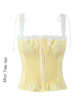 法式复古平口蕾丝花边吊带背心女修身显瘦系带单排扣百褶小上衣