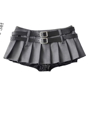 美式辣妹双腰头腰袢黑色防走光百褶裙欧美甜酷风超短低腰半身裙