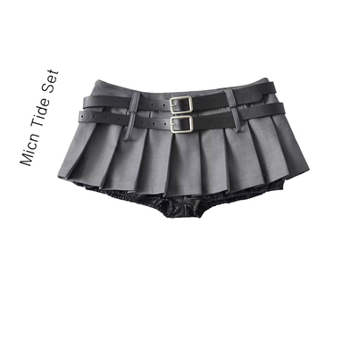 双腰头腰袢黑色防走光百褶裙