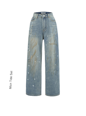 纽约街角蓝色脏脏涂鸦牛仔裤女2025春夏新款泼墨设计感直筒裤子