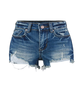 美式复古蓝色破洞毛边牛仔短裤女性感辣妹夏季修身A字阔腿热裤子