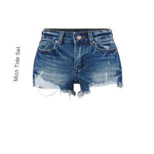 A字阔腿热裤 美式 修身 女性感辣妹夏季 子 复古蓝色破洞毛边牛仔短裤