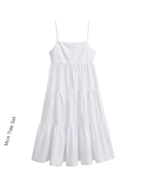 度假风深V白色显瘦吊带长裙女夏季新品分层拼接府绸迷笛连衣裙