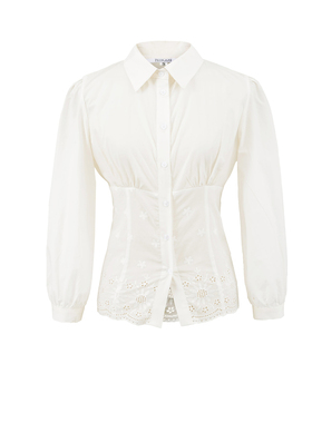 MICN法式气质POLO领白色灯笼袖衬衫女提花束腰显瘦修身七分袖上衣