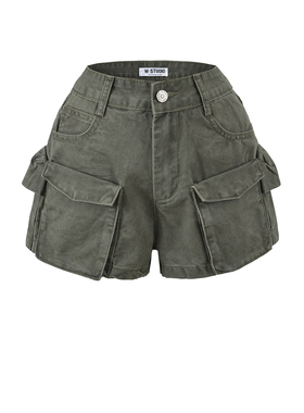 BM MICN复古工装牛仔短裤女夏季新款宽松显瘦多口袋阔腿热裤子