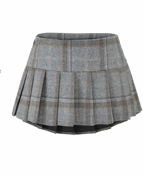 BM MICN女秋冬季短裙辣妹格纹毛呢半裙JK中低腰百褶格子半身裙