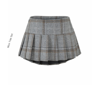 BM MICN女秋冬季短裙辣妹格纹毛呢半裙JK中低腰百褶格子半身裙