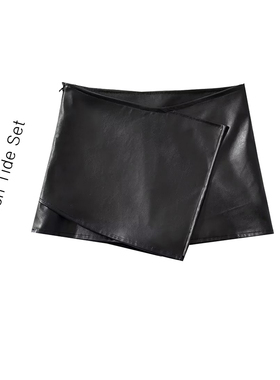 美式复古辣妹露腰V设计单开叉内里短裤裙皮裙定点错位防走光短裙